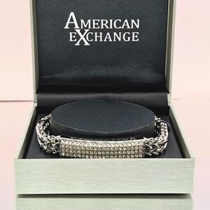 American Exchange Bracelet Silver Stainless Steel Pave Crystal ID Bracelet 8.5"